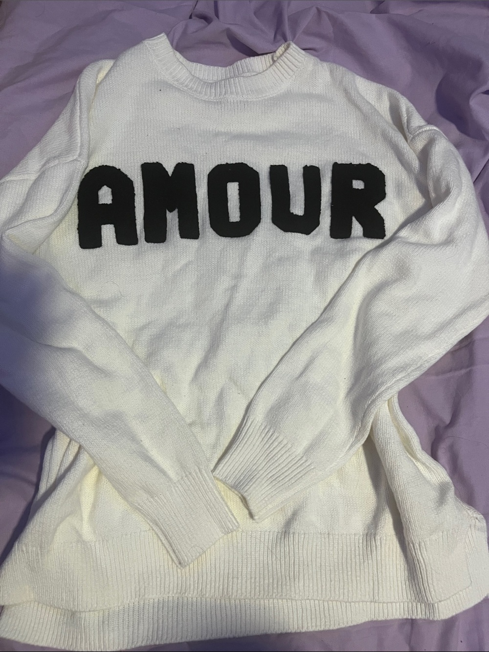 White Crewneck Sweater with Black 'AMOUR' Lettering
